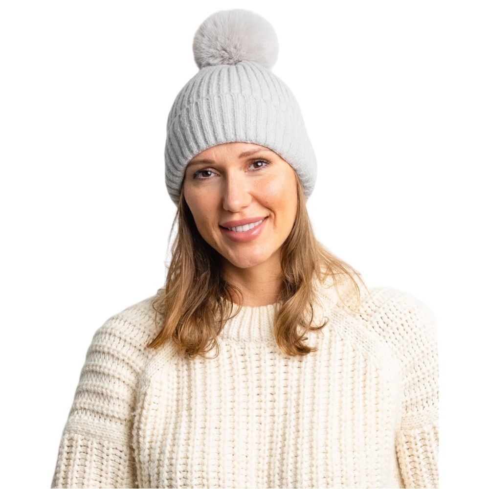Hat Attack Gray Classic Ribbed Beanie Faux Fur Pom Women's One Size NWOT